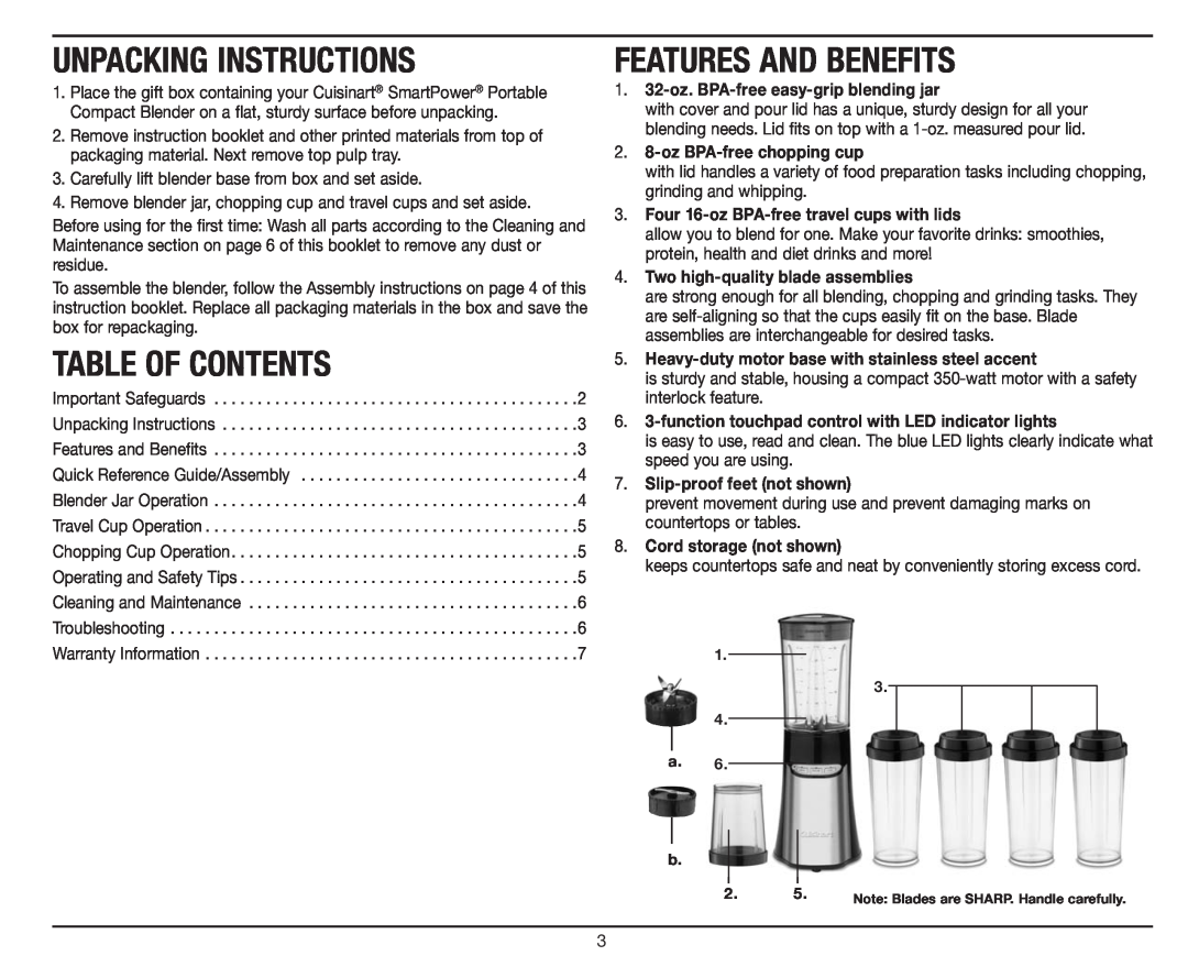 Cuisinart CPB-300 manual Unpacking Instructions, Table Of Contents, Features And Benefits, 2. 8-oz BPA-free chopping cup 