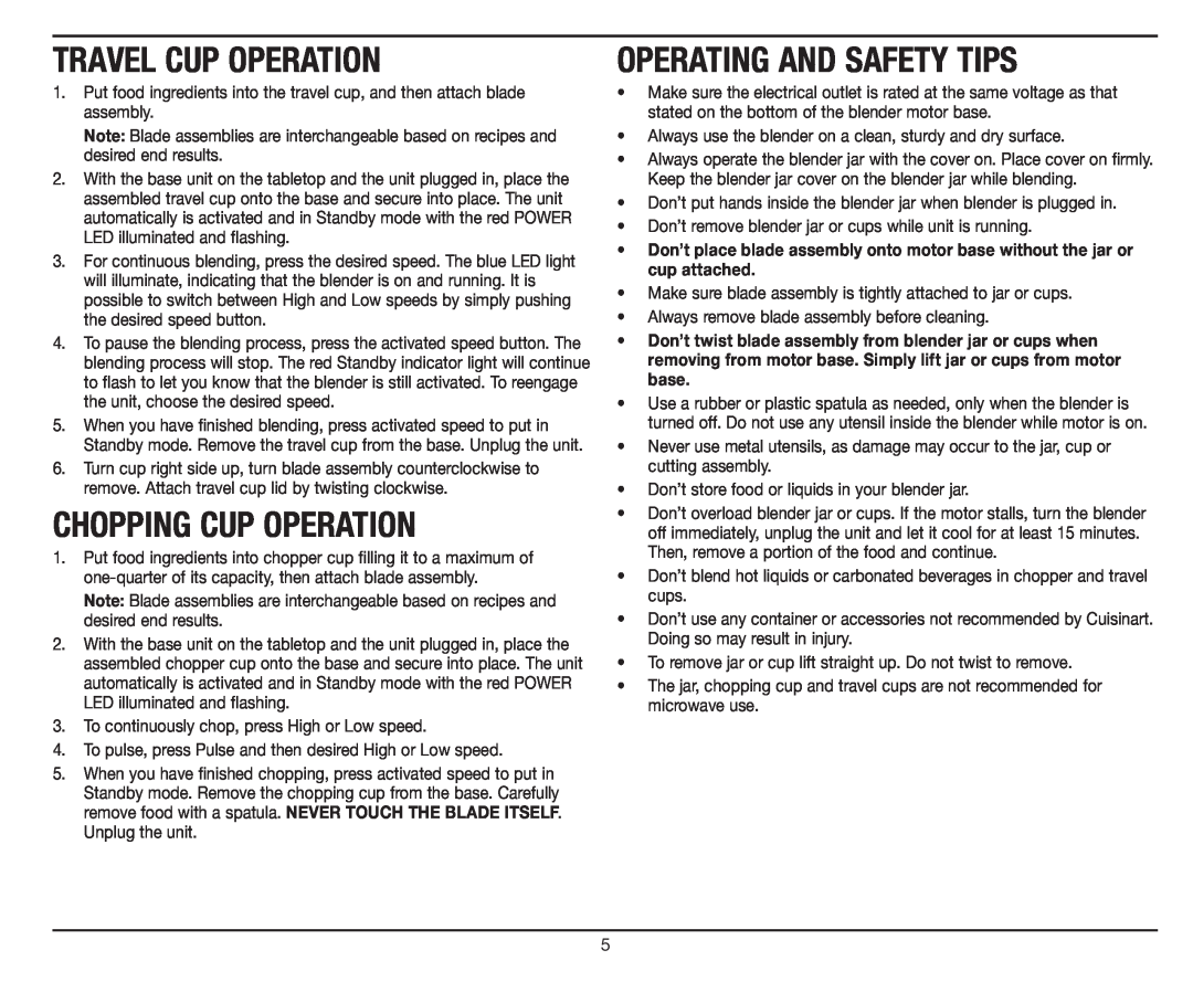 Cuisinart CPB-300 manual Travel Cup Operation, Chopping Cup Operation, Operating And Safety Tips 