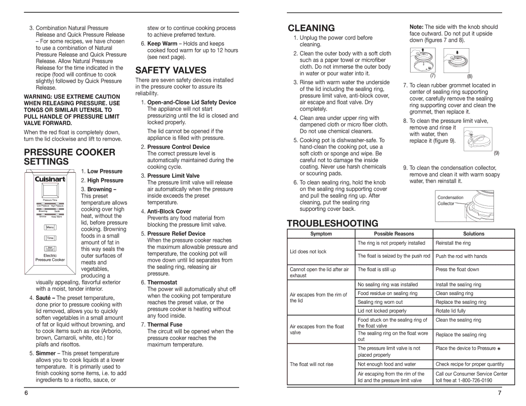 Cuisinart CPC-600 Series manual Pressure Cooker Settings, Safety Valves, Cleaning, Troubleshooting 