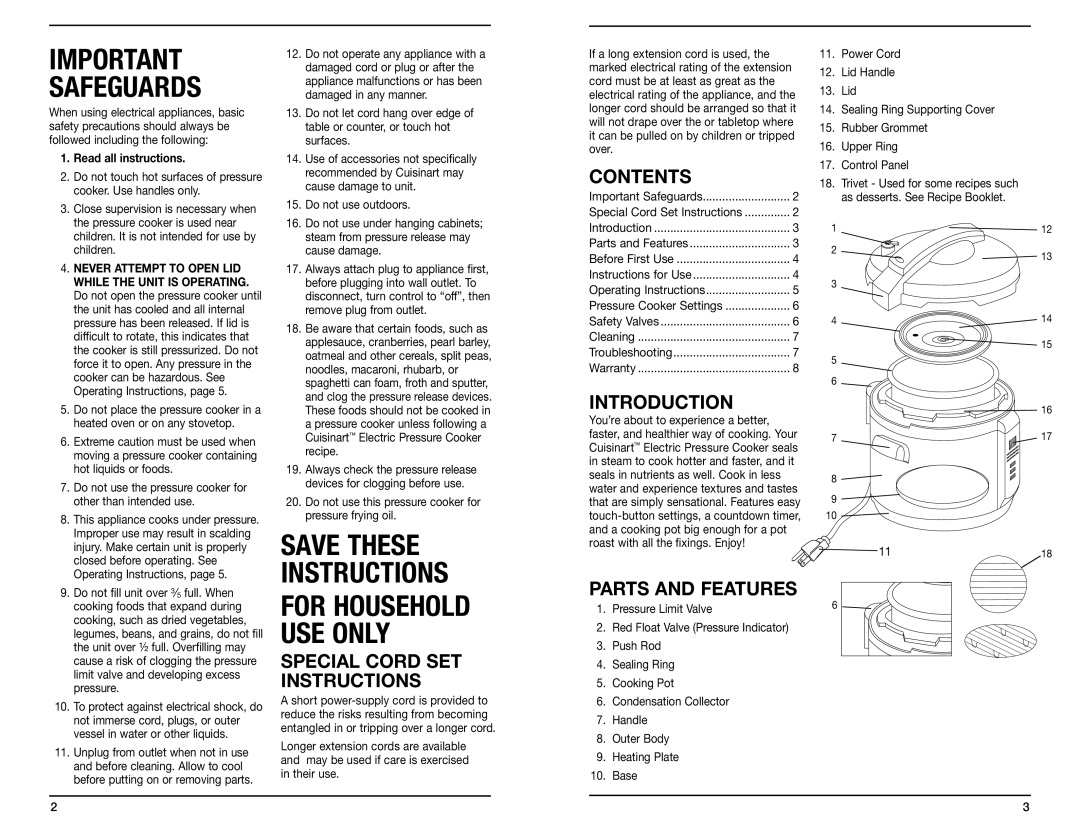 Cuisinart CPC-600 Series Contents, Introduction, Parts And Features, Special Cord Set Instructions, Read all instructions 