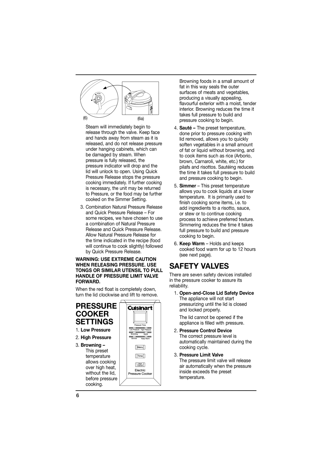 Cuisinart CPC-600A manual Pressure Cooker Settings, Safety Valves, Low Pressure High Pressure 