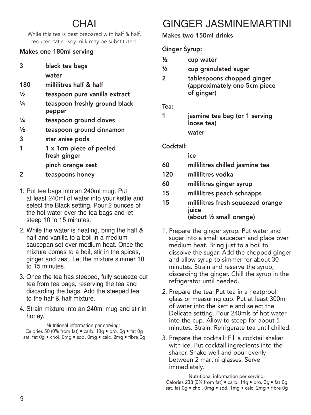 Cuisinart CPK-17A manual Chai, Ginger Jasmine Martini 