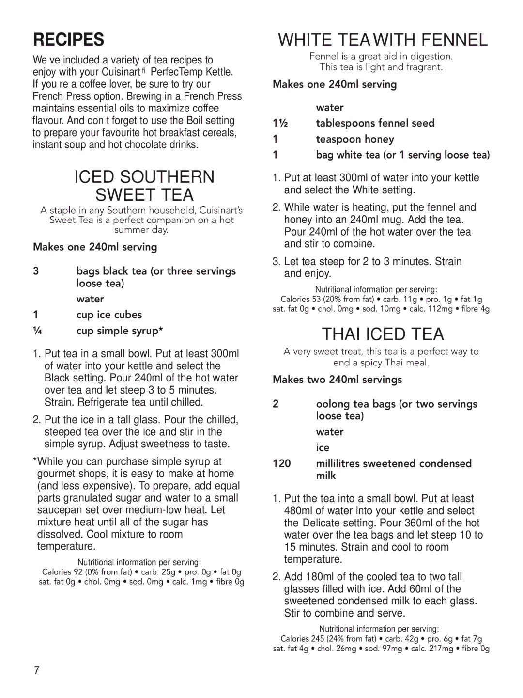 Cuisinart CPK-17A manual Iced Southern Sweet Tea, White Tea with Fennel, Thai Iced Tea 