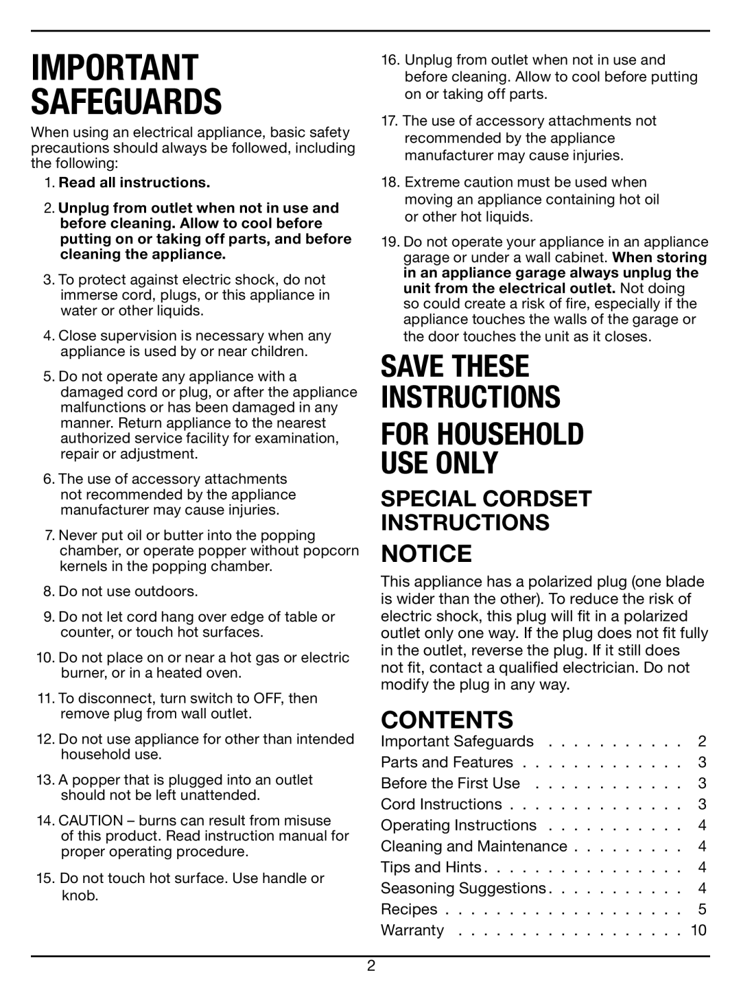 Cuisinart CPM-100 Series manual Safeguards, Contents 