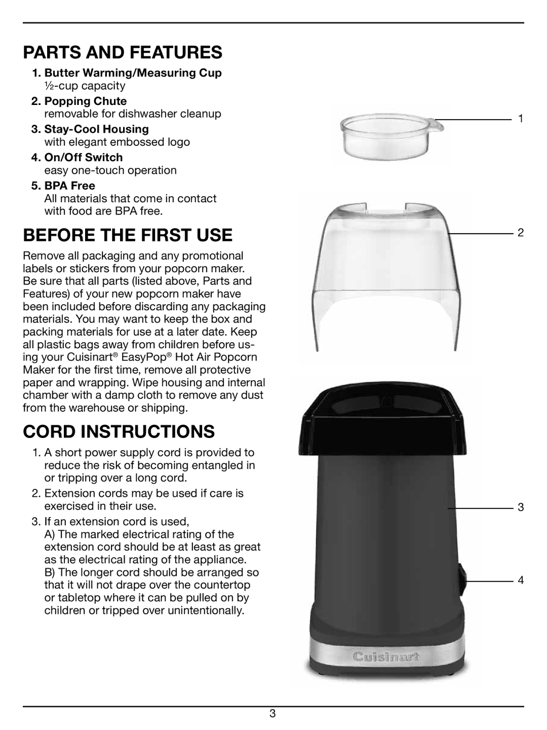 Cuisinart CPM-100 Series manual Parts and Features, Before the First USE, Cord Instructions 