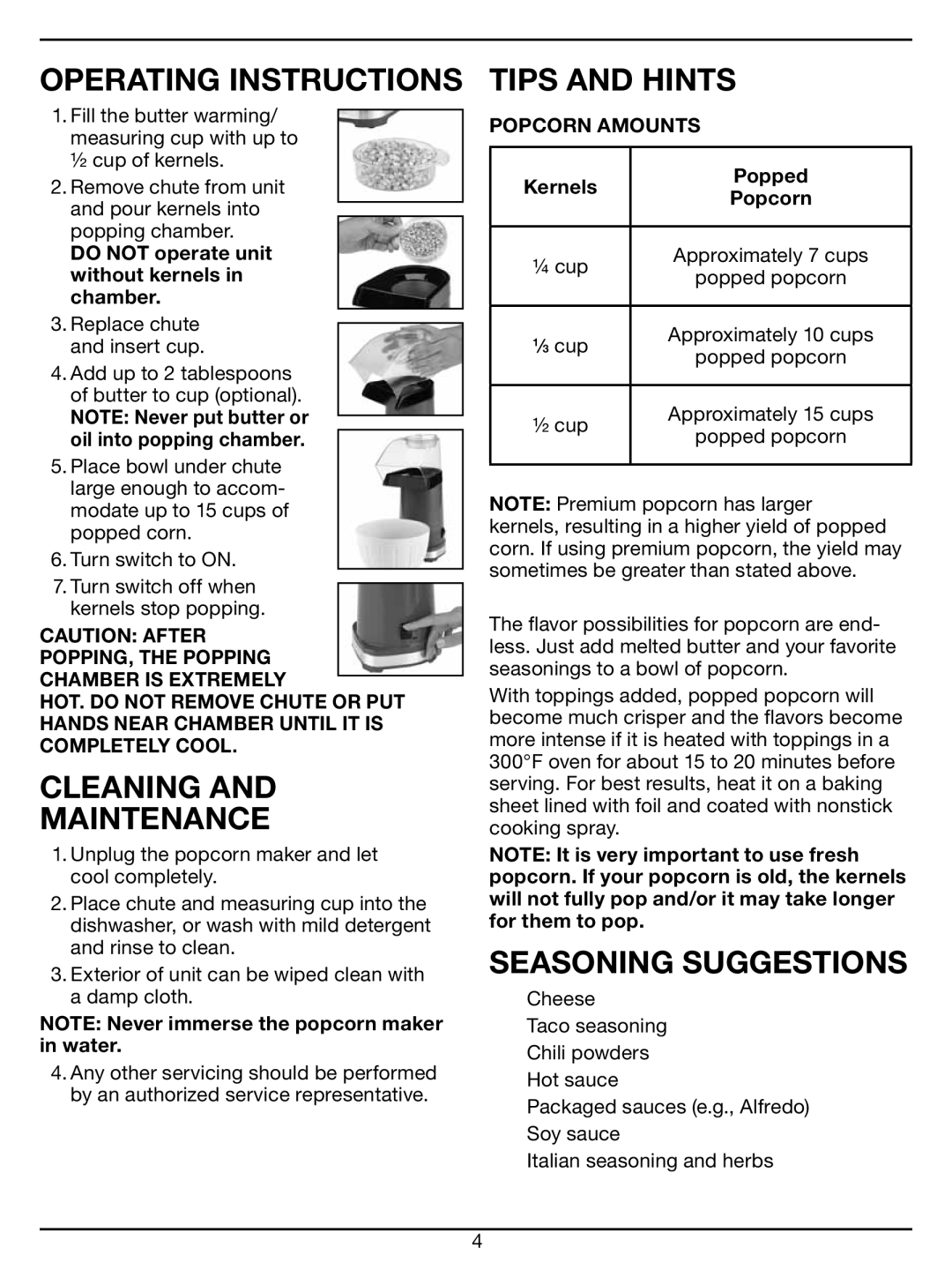 Cuisinart CPM-100 Series manual Operating Instructions, Cleaning Maintenance, Tips and Hints, Seasoning Suggestions 