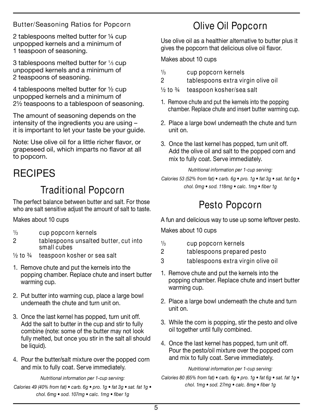 Cuisinart CPM-100 Series manual Recipes, Traditional Popcorn, Olive Oil Popcorn, Pesto Popcorn 