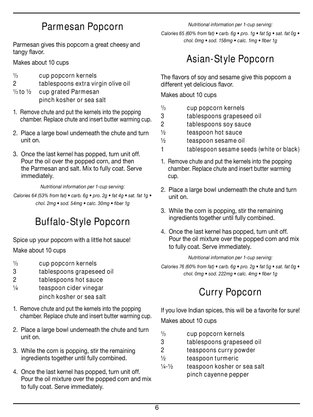 Cuisinart CPM-100 Series manual Parmesan Popcorn, Buffalo-Style Popcorn, Asian-Style Popcorn, Curry Popcorn 