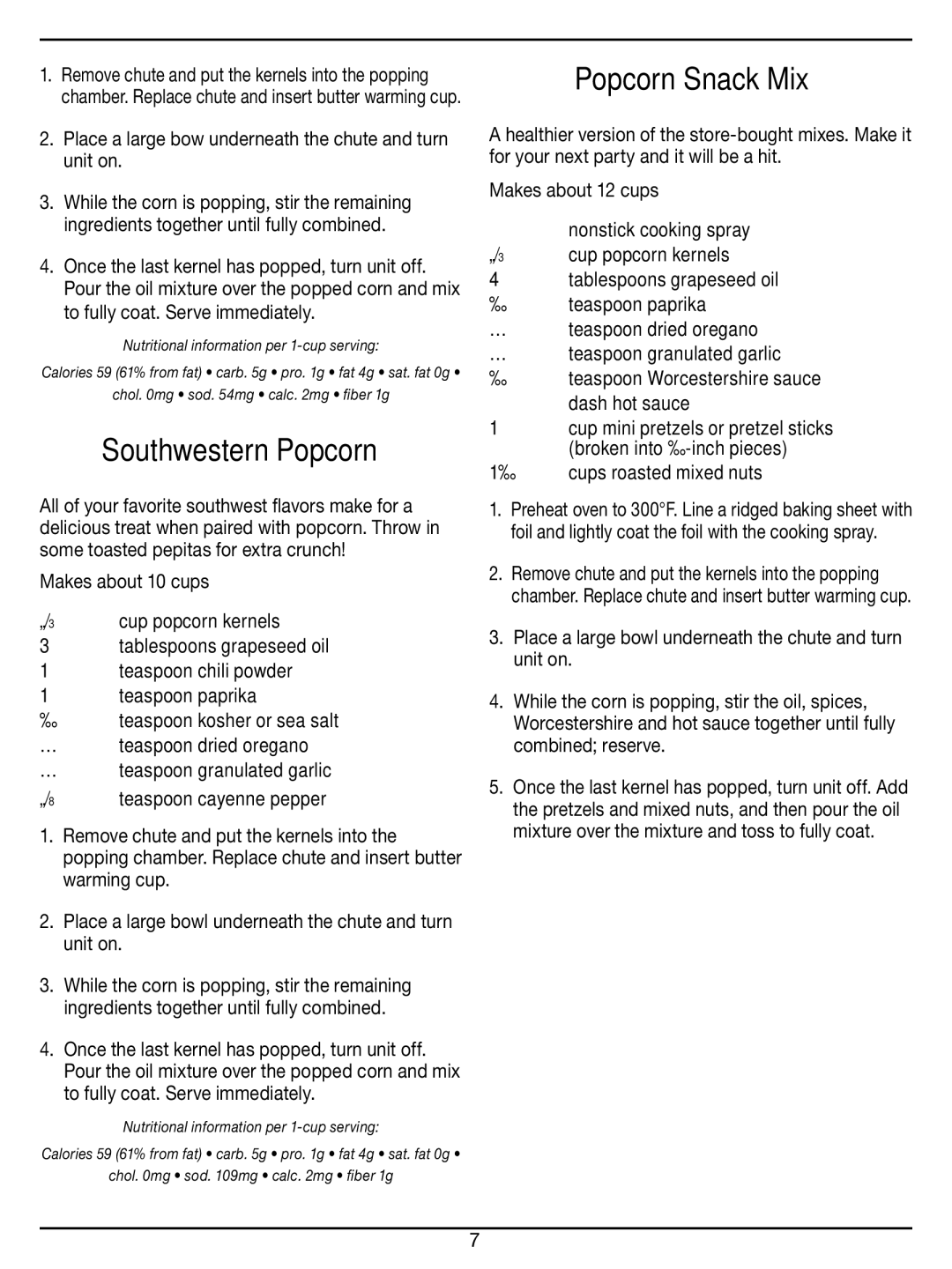 Cuisinart CPM-100 Series manual Southwestern Popcorn, Popcorn Snack Mix, Teaspoon chili powder, Teaspoon paprika 