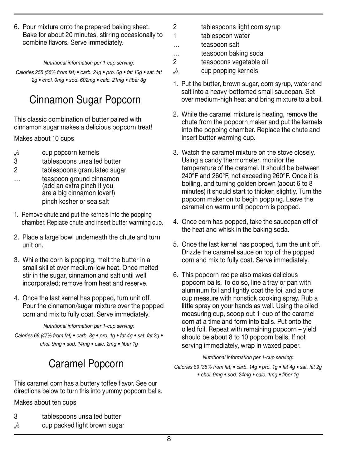 Cuisinart CPM-100 Series manual Cinnamon Sugar Popcorn, Caramel Popcorn, Makes about ten cups 