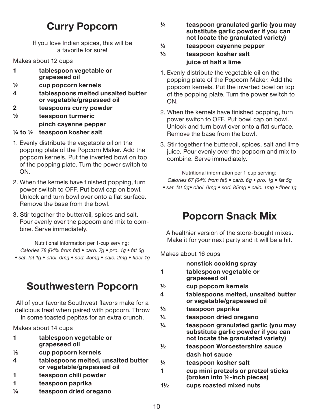 Cuisinart CPM-700 Series manual Curry Popcorn, Southwestern Popcorn, Popcorn Snack Mix 