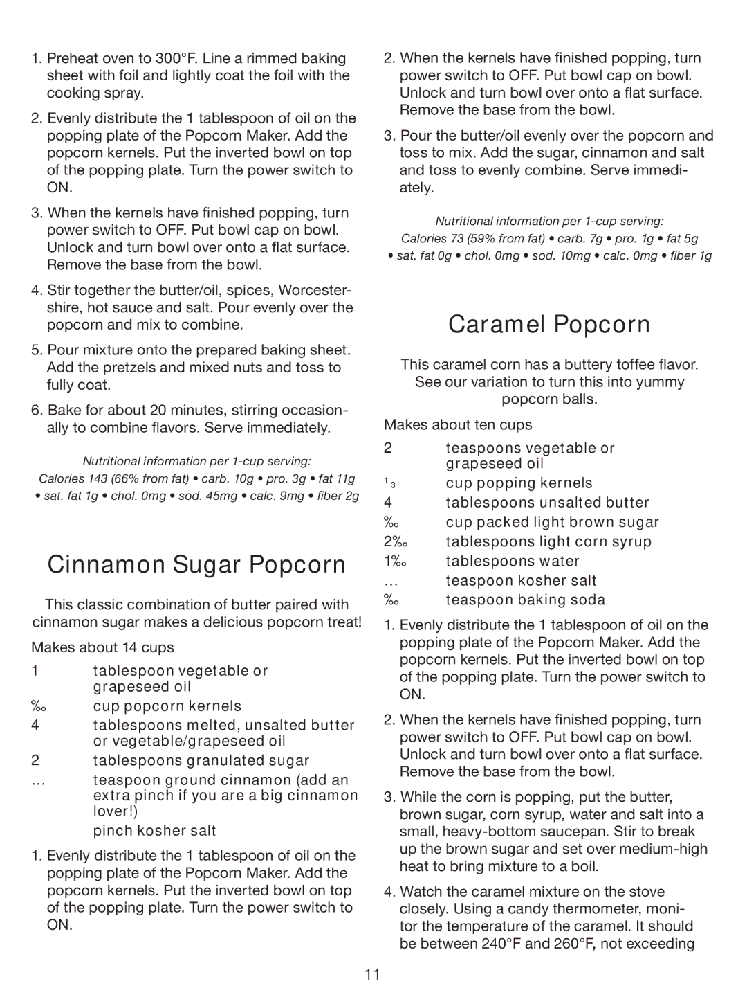 Cuisinart CPM-700 Series manual Cinnamon Sugar Popcorn, Caramel Popcorn 