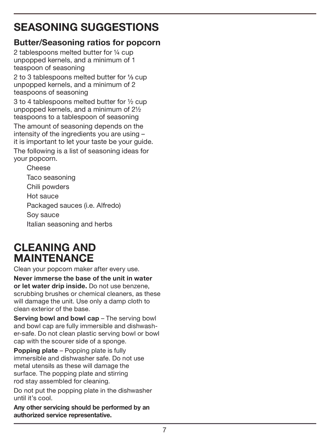 Cuisinart CPM-700 Series manual Seasoning Suggestions, Cleaning Maintenance 