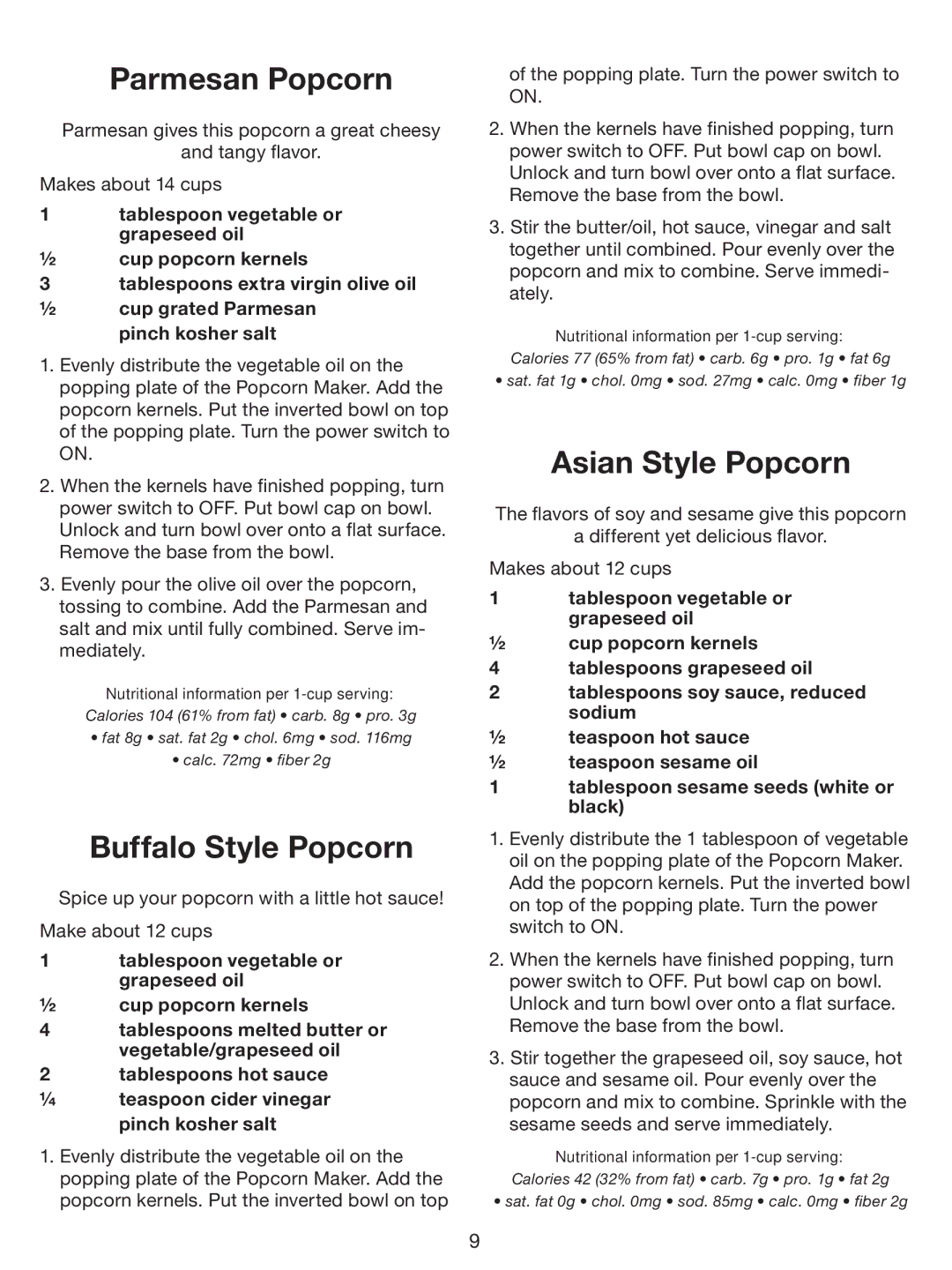 Cuisinart CPM-700 Series manual Parmesan Popcorn, Buffalo Style Popcorn, Asian Style Popcorn 