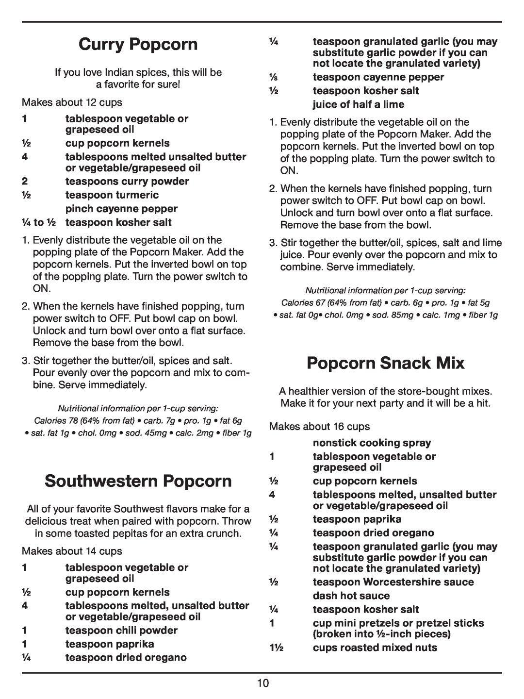 Cuisinart CPM-700 Series manual Curry Popcorn, Southwestern Popcorn, Popcorn Snack Mix 