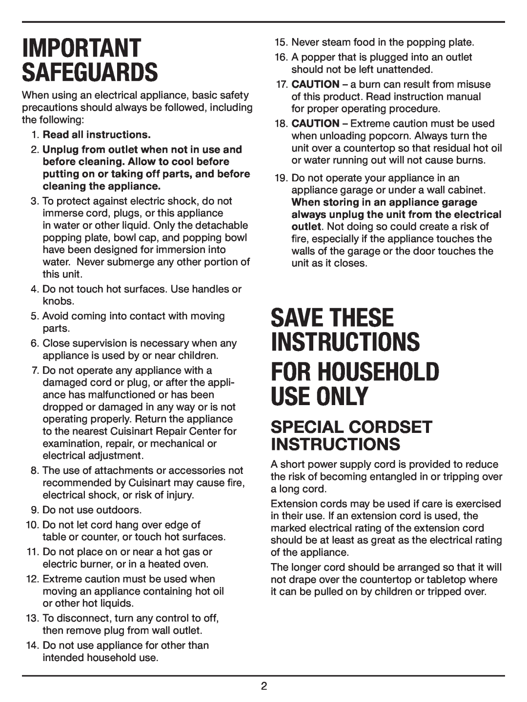 Cuisinart CPM-700 Series manual Safeguards, Save These Instructions For Household Use Only, Special Cordset Instructions 