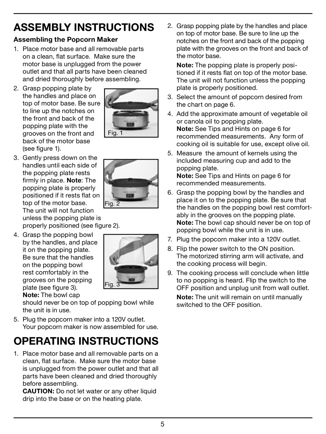 Cuisinart CPM-700 Series manual Assembly Instructions, Operating Instructions, Assembling the Popcorn Maker 