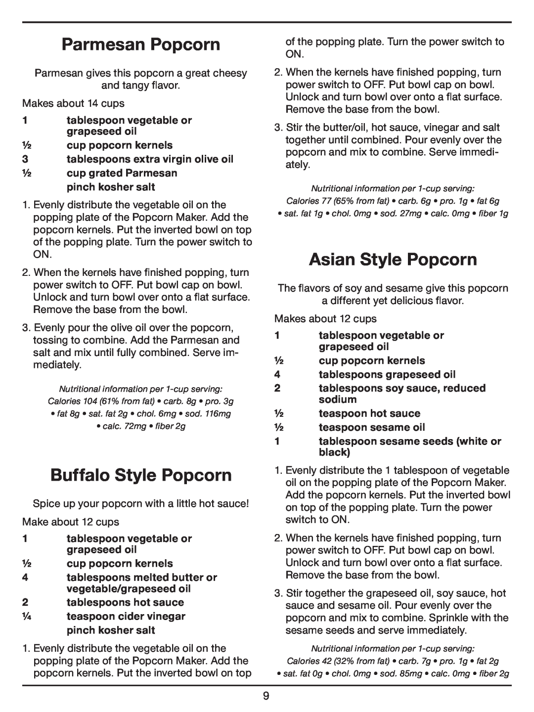 Cuisinart CPM-700 Series manual Parmesan Popcorn, Buffalo Style Popcorn, Asian Style Popcorn 