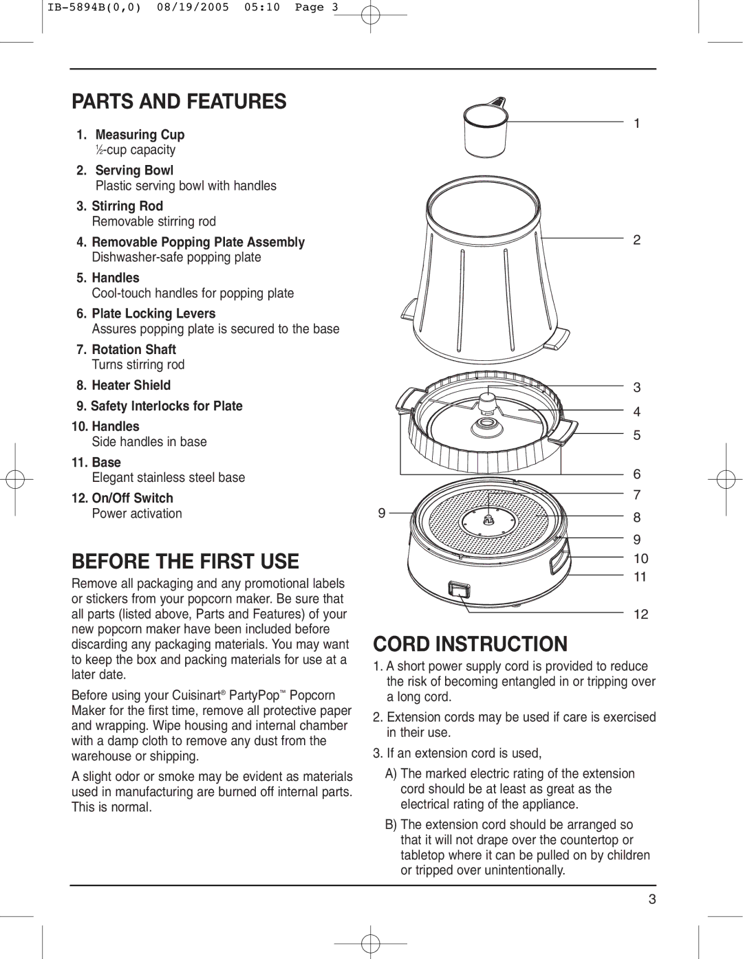 Cuisinart CPM-800 manual Parts and Features, Before the First USE, Cord Instruction 