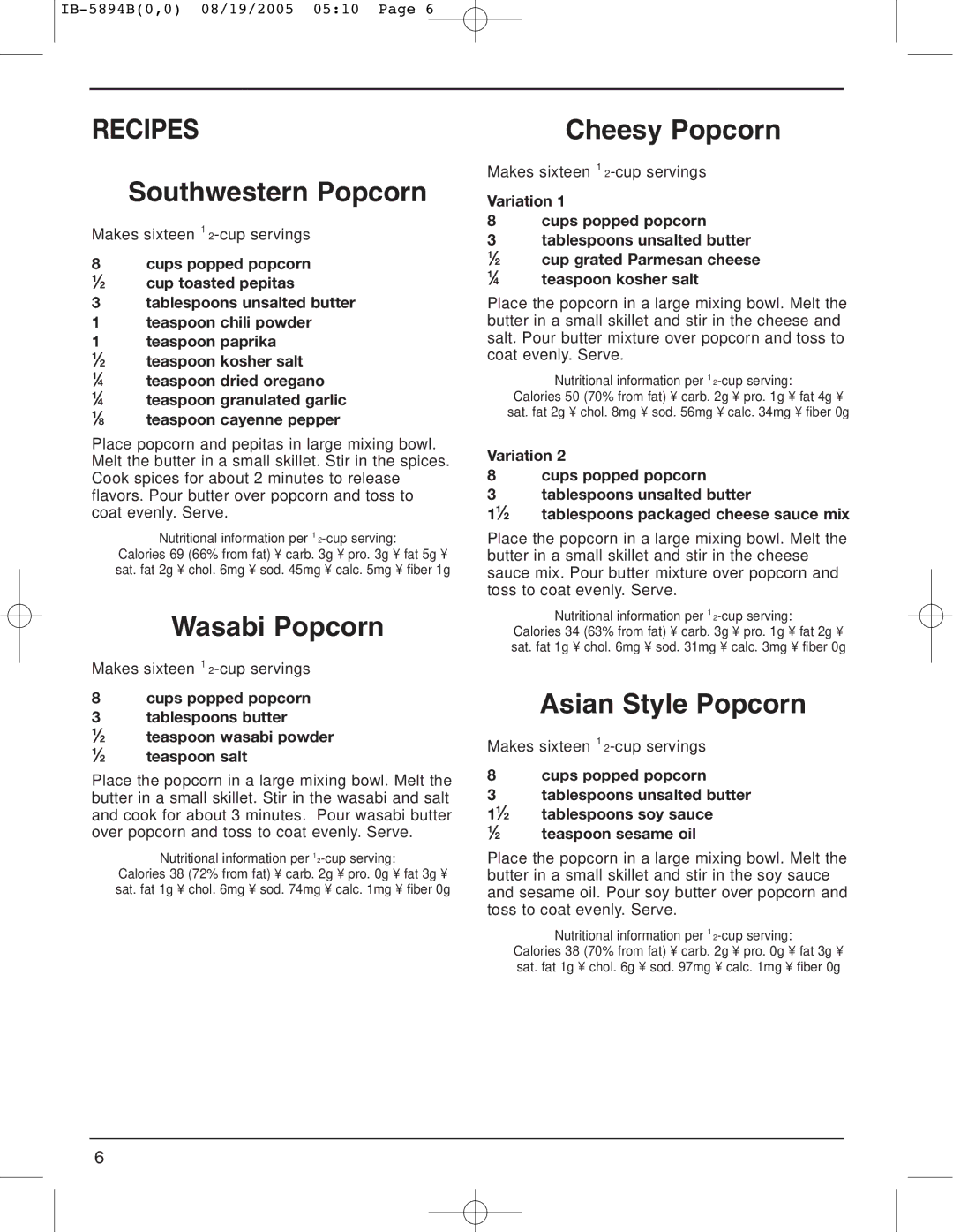 Cuisinart CPM-800 manual Recipes, Southwestern Popcorn, Wasabi Popcorn, Cheesy Popcorn, Asian Style Popcorn 