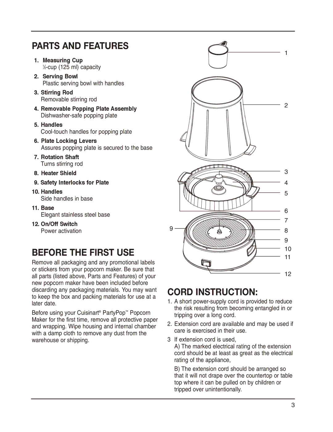 Cuisinart CPM-800C manual Parts and Features, Before the First USE, Cord Instruction 