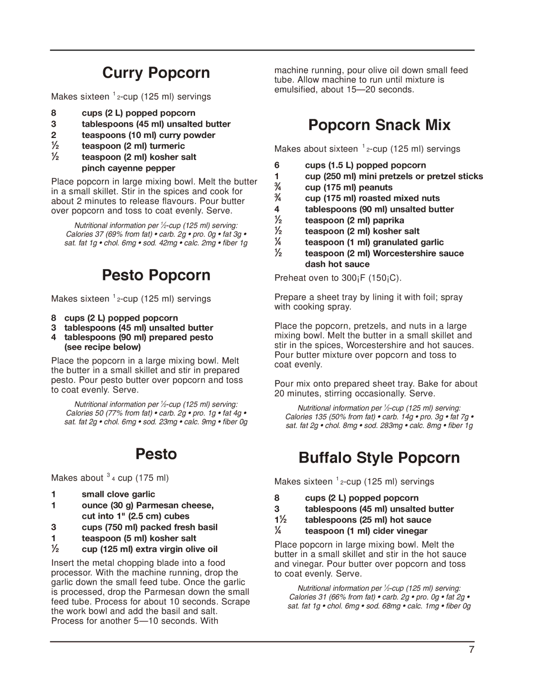 Cuisinart CPM-800C manual Curry Popcorn, Pesto Popcorn, Popcorn Snack Mix, Buffalo Style Popcorn 