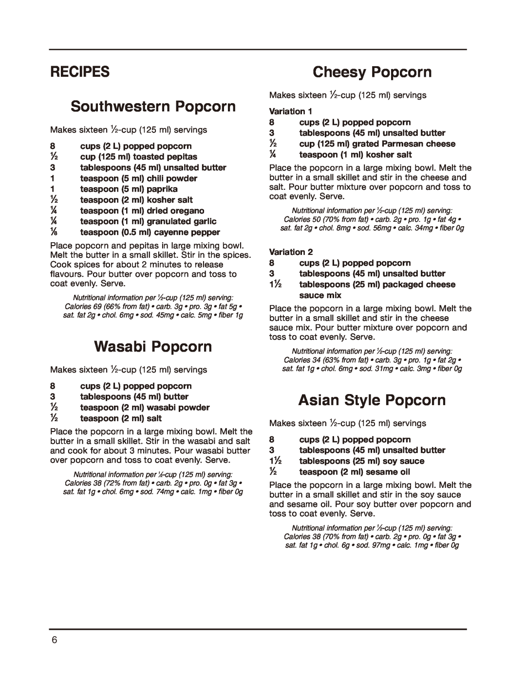 Cuisinart CPM-800C manual RECIPES Southwestern Popcorn, Wasabi Popcorn, Cheesy Popcorn, Asian Style Popcorn 