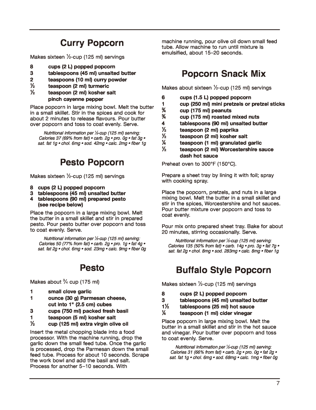 Cuisinart CPM-800C manual Curry Popcorn, Pesto Popcorn, Popcorn Snack Mix, Buffalo Style Popcorn 