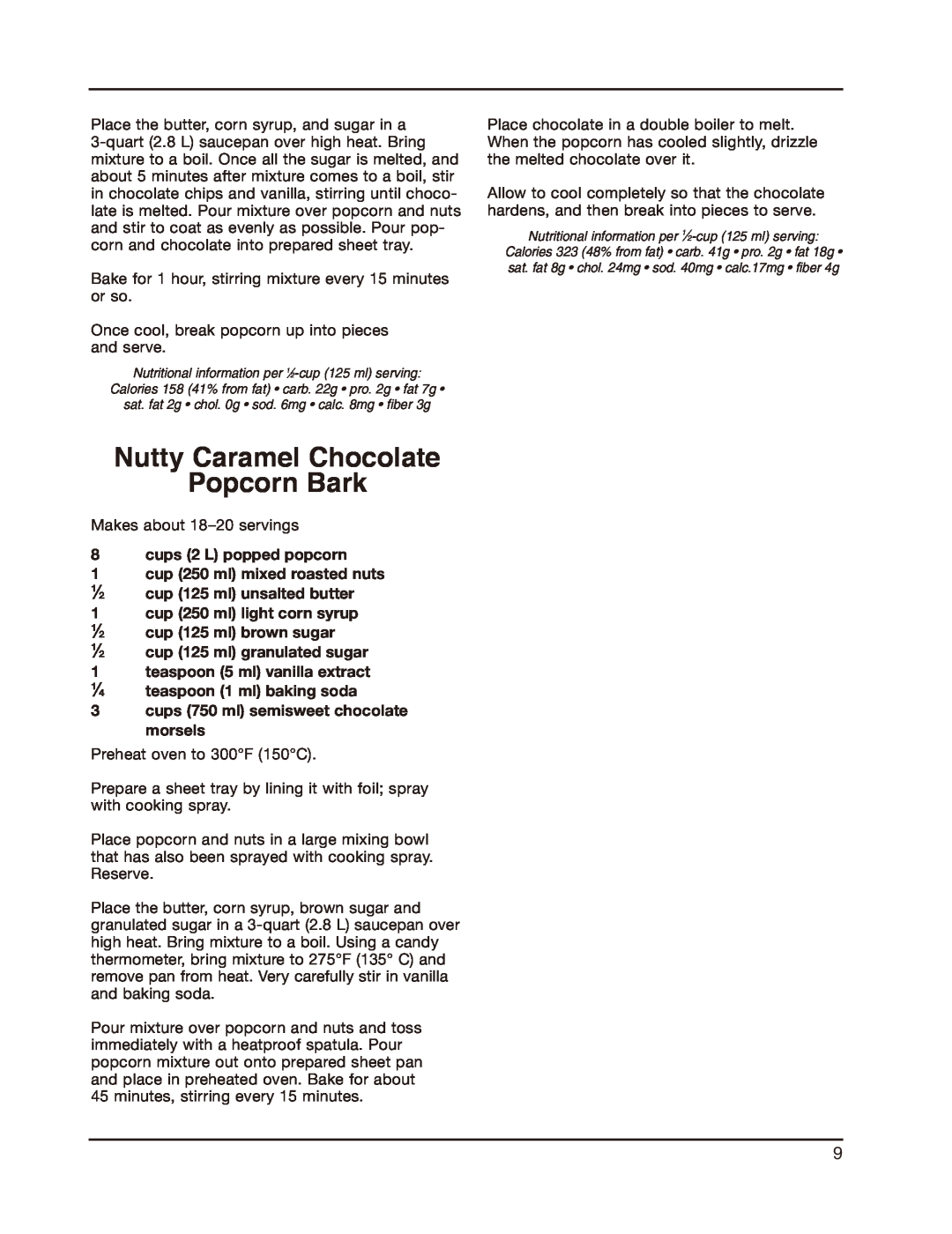 Cuisinart CPM-800C manual Nutty Caramel Chocolate Popcorn Bark, cups 2 L popped popcorn 1 cup 250 ml mixed roasted nuts 