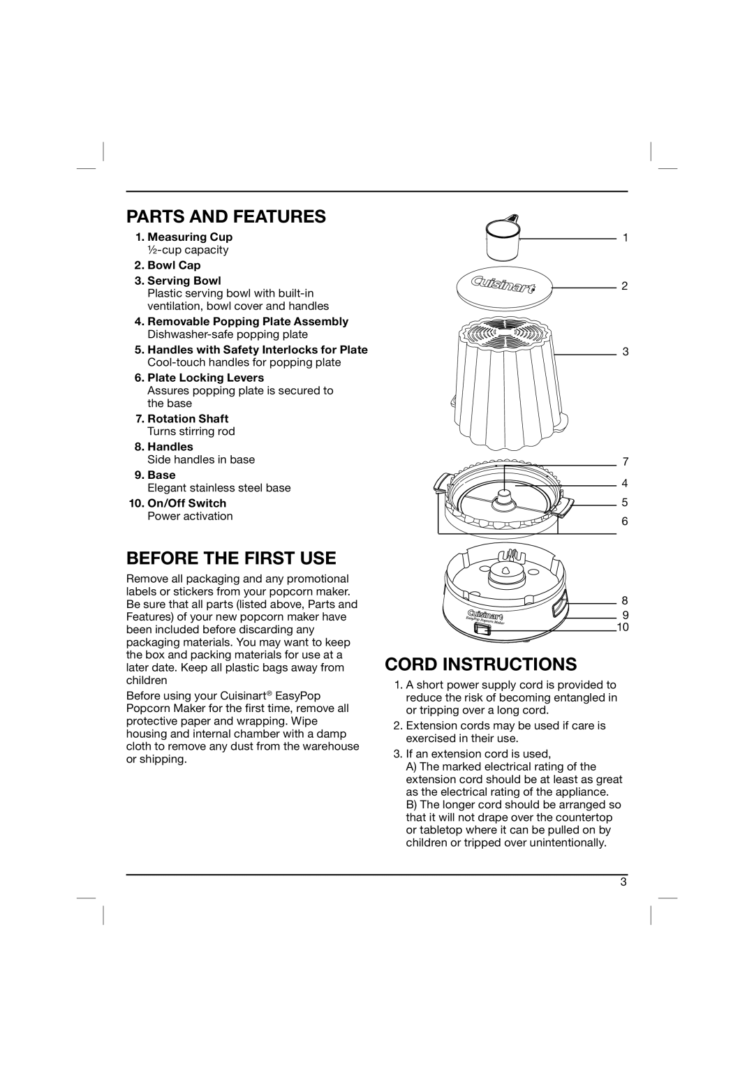 Cuisinart CPM-900BKA manual Parts and Features, Before the First USE, Cord Instructions 