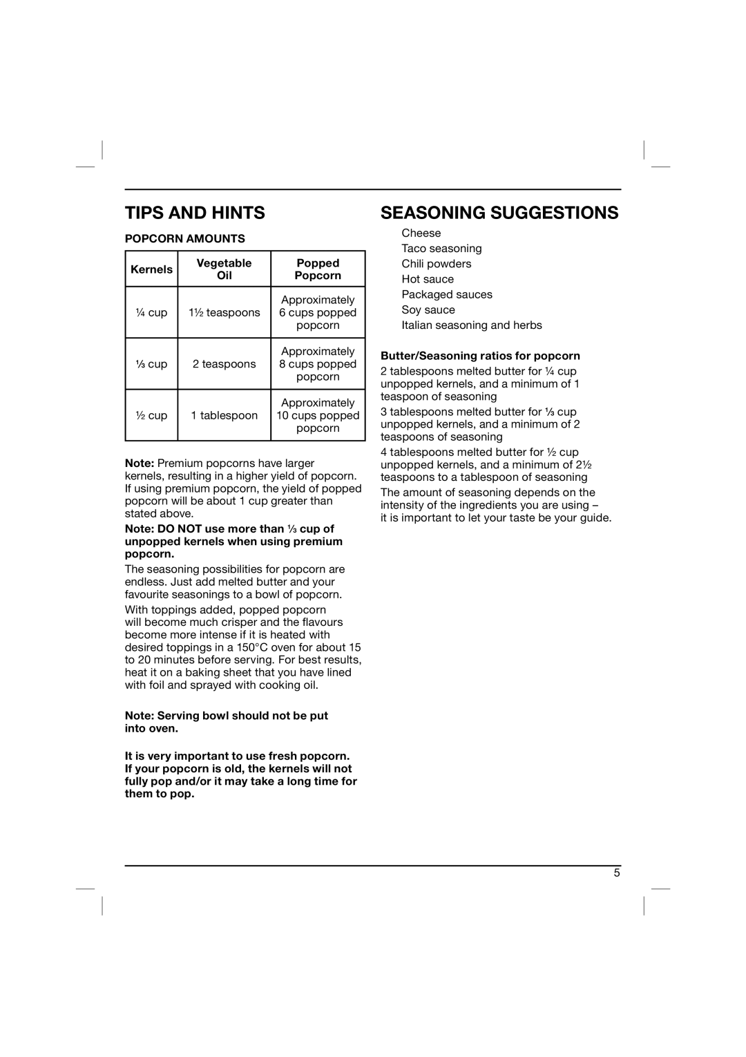 Cuisinart CPM-900BKA manual Tips and Hints, Seasoning Suggestions, Kernels Vegetable Popped Oil Popcorn 