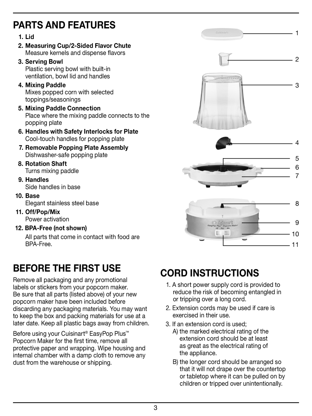 Cuisinart CPM-950 manual Parts and Features, Before the First USE, Cord Instructions 