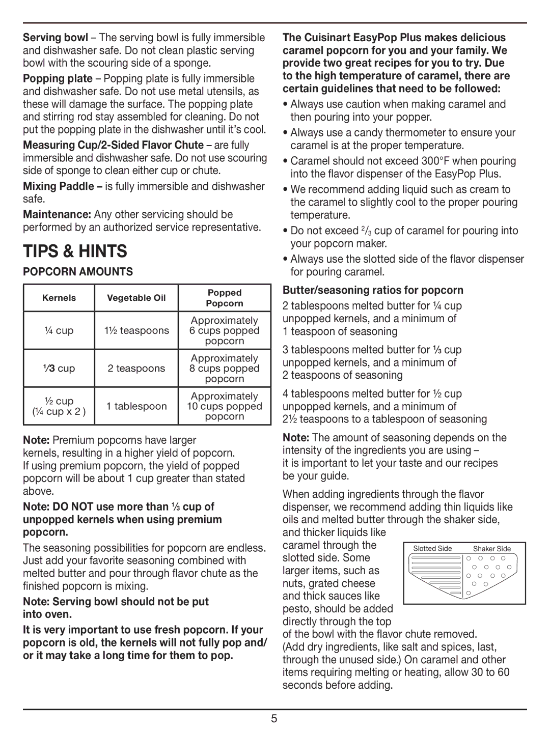 Cuisinart CPM-950 Tips & Hints, Mixing Paddle is fully immersible and dishwasher safe, Butter/seasoning ratios for popcorn 