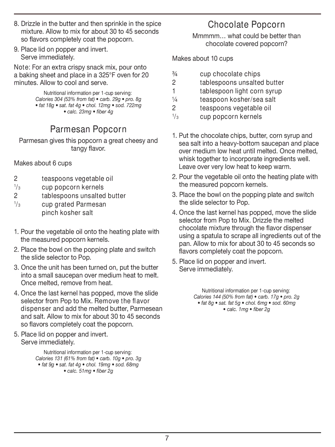 Cuisinart CPM-950 manual Parmesan Popcorn, Chocolate Popcorn, Place lid on popper and invert. Serve immediately 