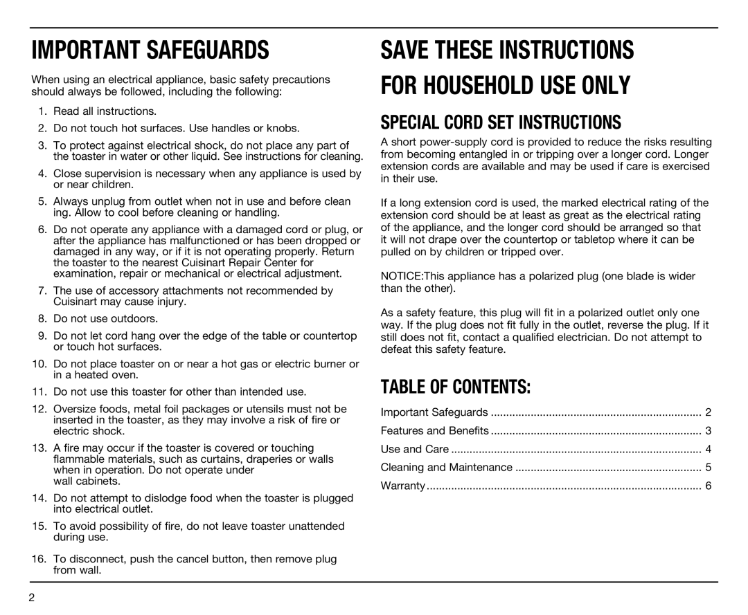 Cuisinart CPT-120 Series manual Special Cord SET Instructions, Table of Contents 