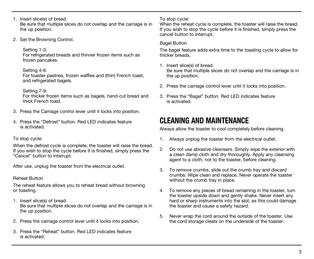 Cuisinart CPT-120 Series manual Cleaning and Maintenance 