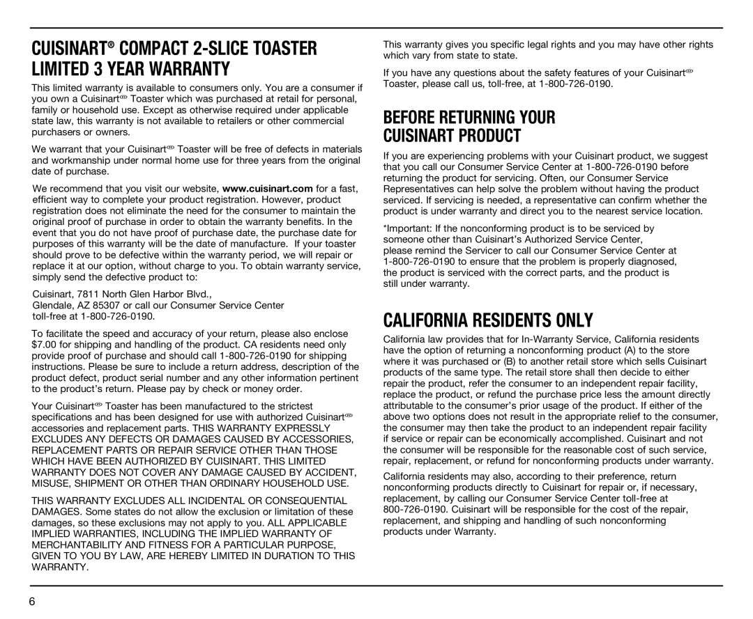 Cuisinart CPT-120 Series manual California Residents only, Cuisinart Compact 2-SLICE Toaster Limited 3 Year Warranty 