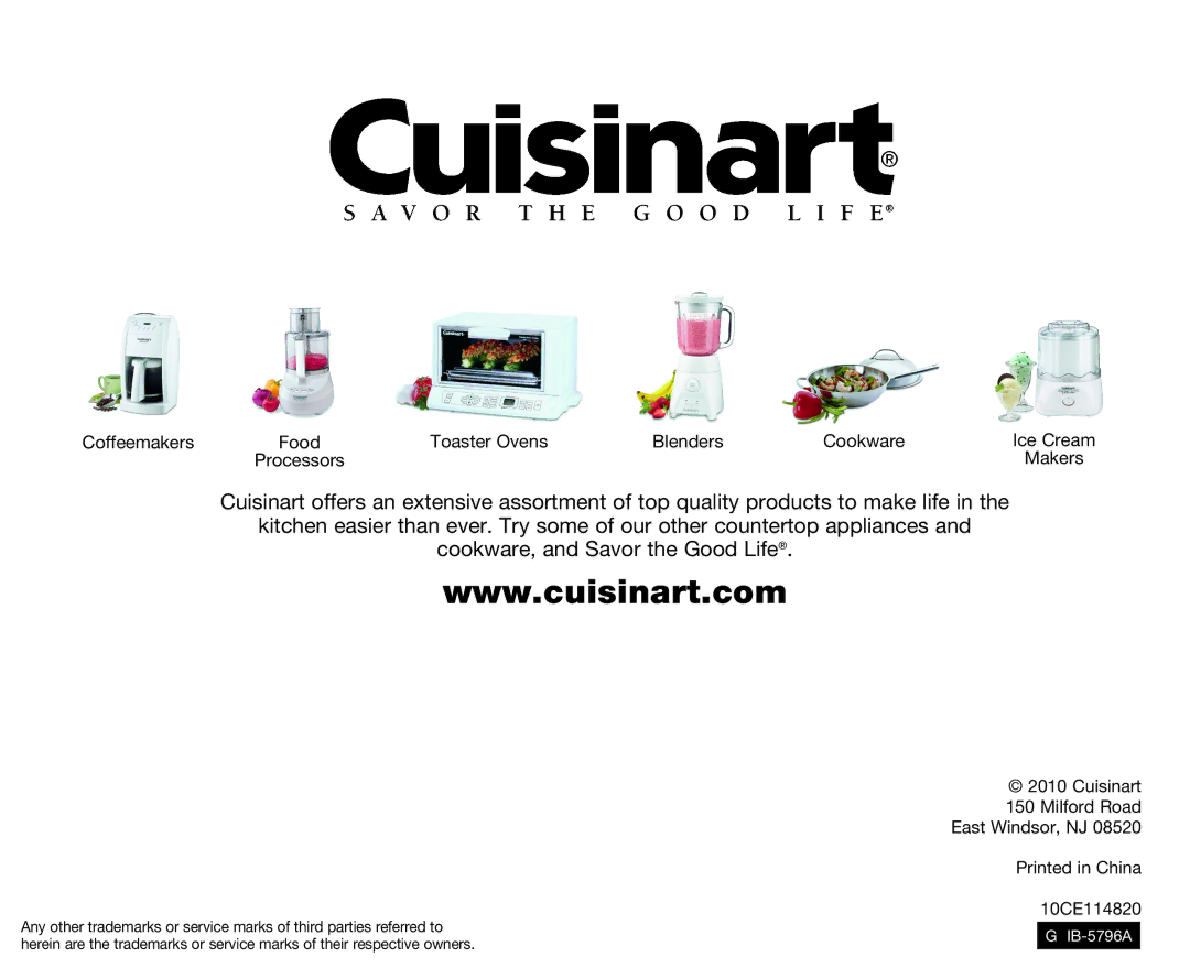 Cuisinart CPT-120 Series manual Coffeemakers Food Toaster Ovens Blenders Cookware Ice Cream 