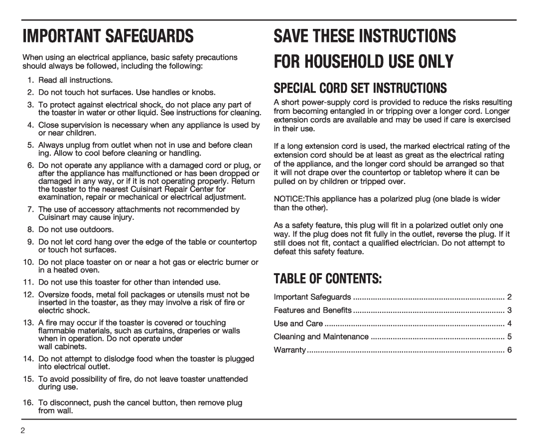 Cuisinart CPT-120 Series Special Cord Set Instructions, Table Of Contents, Save These Instructions For Household Use Only 
