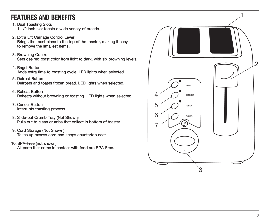 Cuisinart CPT-120 Series manual Features And Benefits, 1 2 