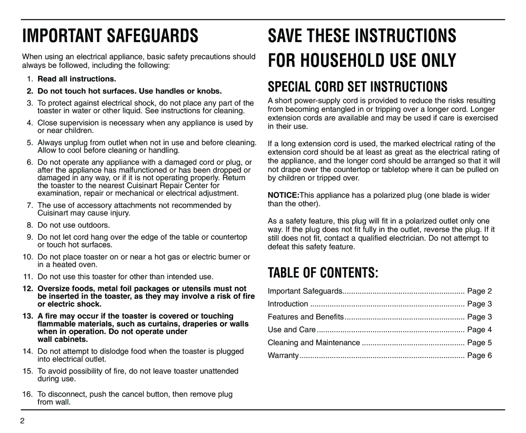 Cuisinart CPT-120 manual Important Safeguards, Table of Contents 