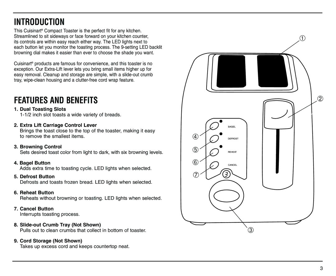 Cuisinart CPT-120 manual Introduction, Features and Benefits 