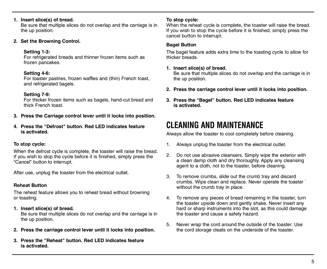 Cuisinart CPT-120 manual Cleaning and Maintenance 