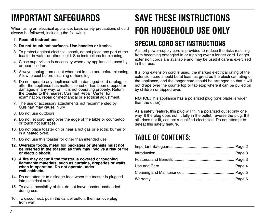 Cuisinart CPT-120 manual Save These Instructions For Household Use Only, Special Cord Set Instructions, Table Of Contents 