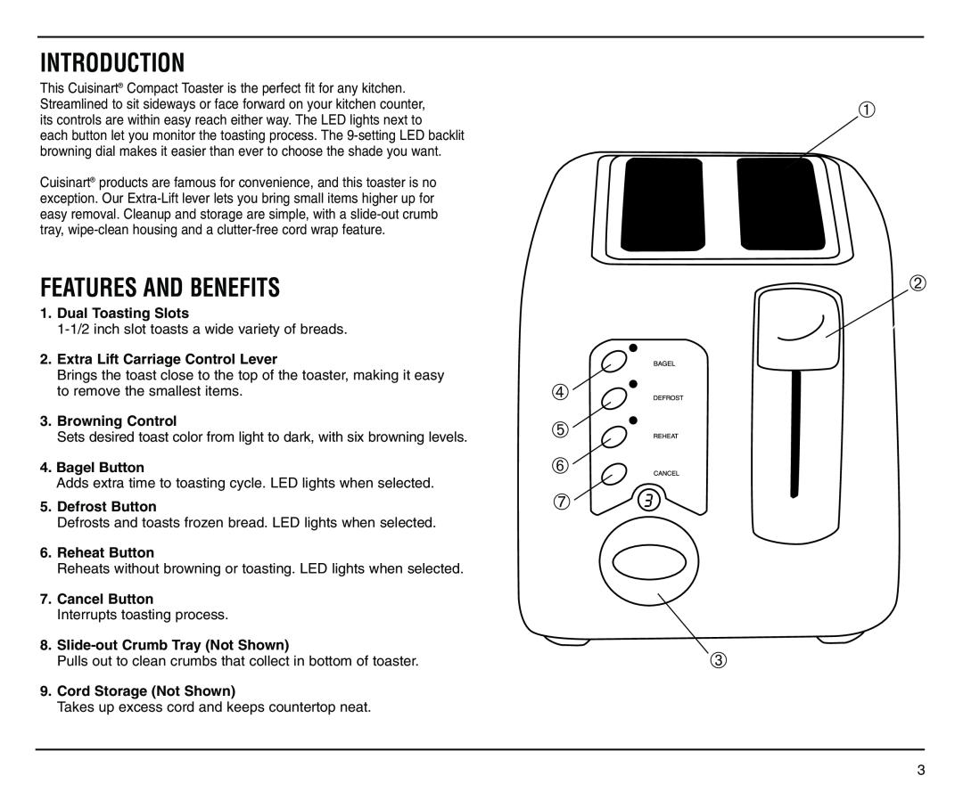 Cuisinart CPT-120 manual Introduction, Features And Benefits, ➀ ➁ ➃ ➄ ➅ ➆ ➂, Bagel Button 