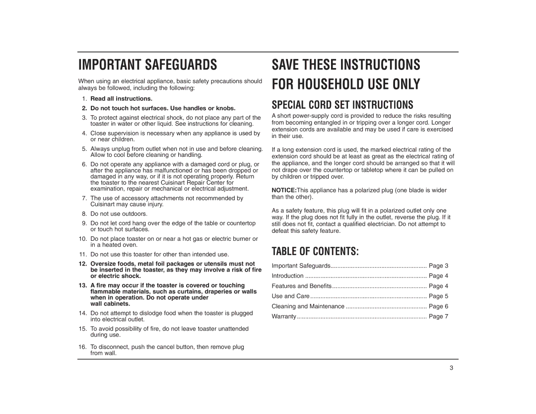 Cuisinart CPT-120RC manual Special Cord SET Instructions, Table of Contents 