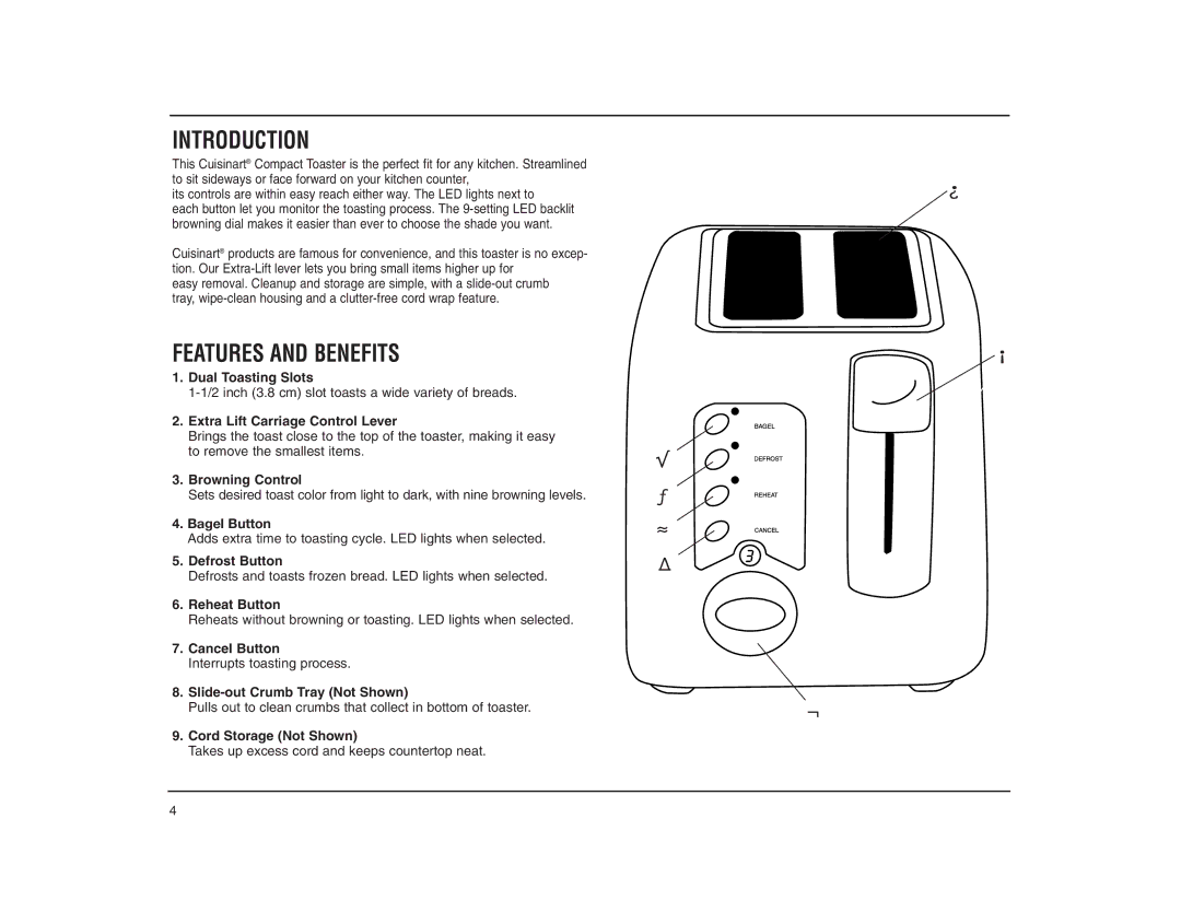 Cuisinart CPT-120RC manual Introduction, Features and Benefits 