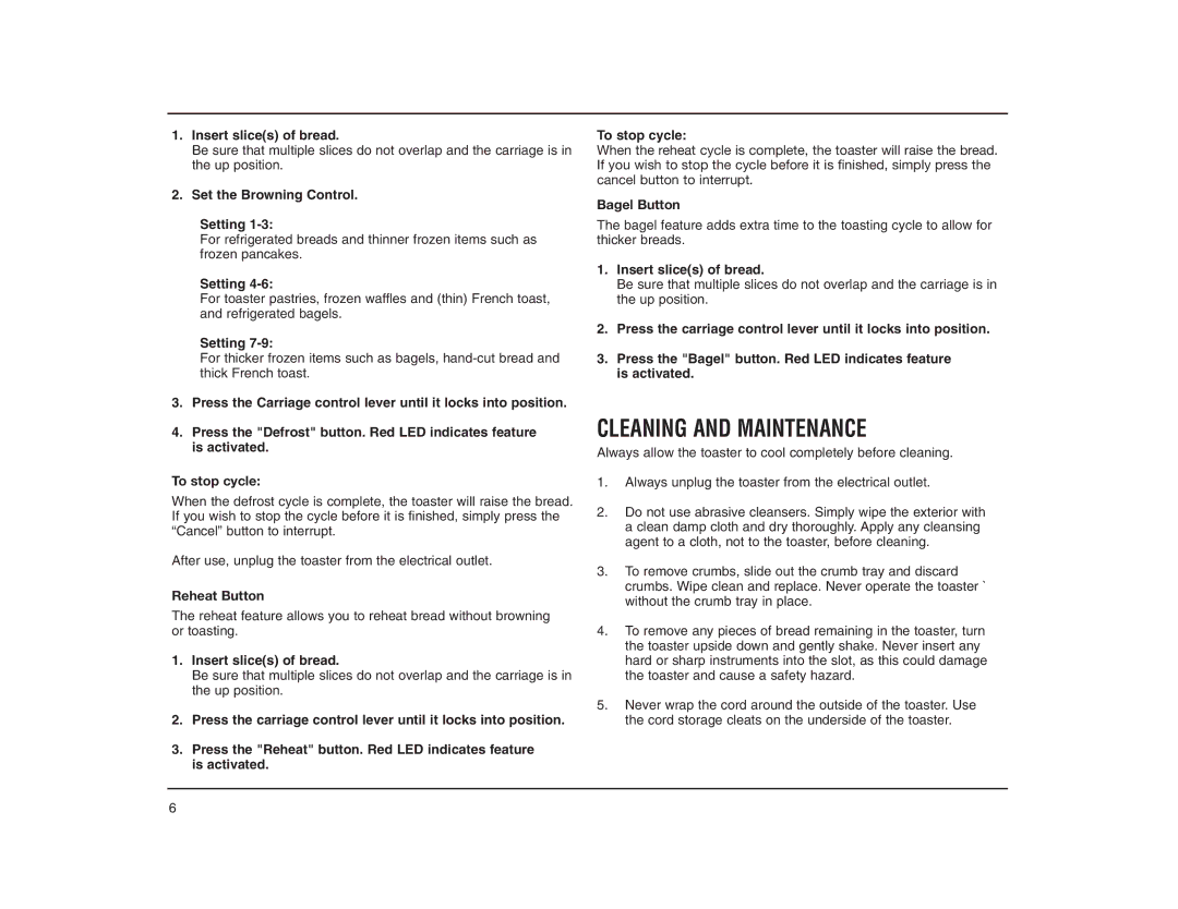 Cuisinart CPT-120RC manual Cleaning and Maintenance, Set the Browning Control Setting 