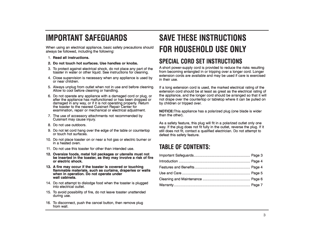 Cuisinart CPT-120RC manual Save These Instructions For Household Use Only, Special Cord Set Instructions, Table Of Contents 
