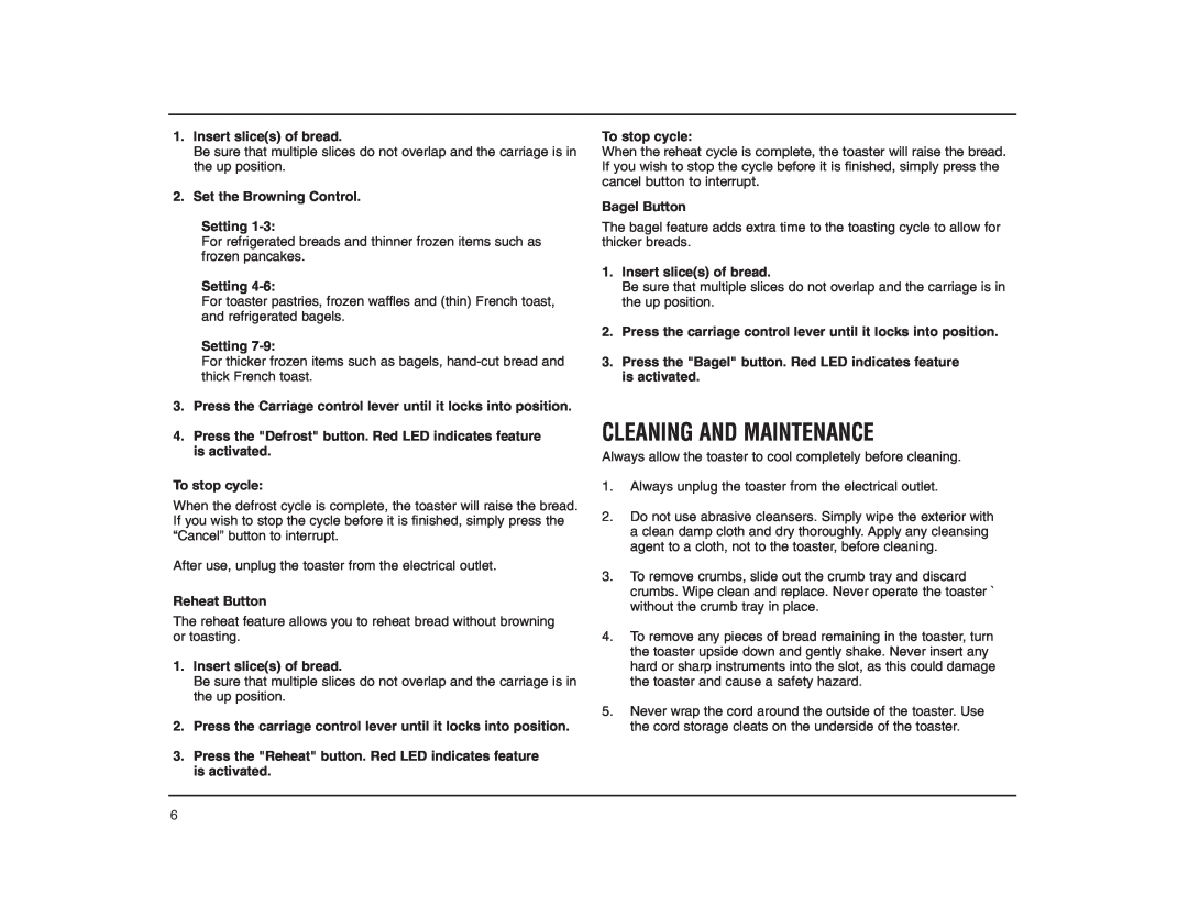 Cuisinart CPT-120RC manual Cleaning And Maintenance, To stop cycle, Reheat Button, Bagel Button 